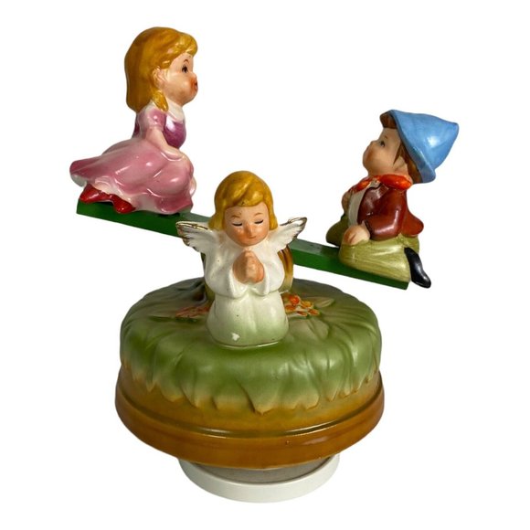 Vintage SANMYRO  Music Box Made in Japan 7" x  5" Boy Girl See Saw Angel - Picture 1 of 9